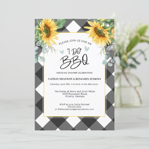 Sunflower Buffalo Plaid I Do BBQ Bridal Shower Invitation