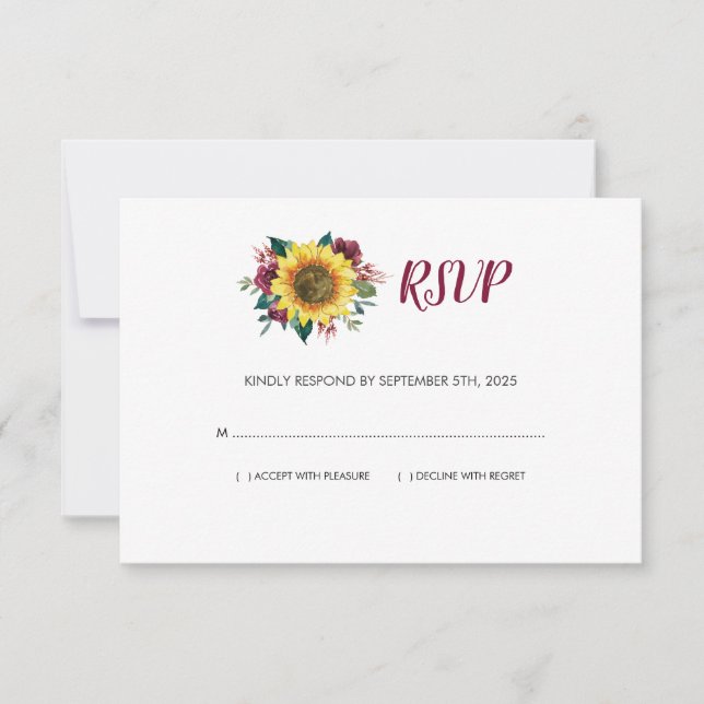 Sunflower Bugundy Rose Floral Wedding RSVP Card (Front)