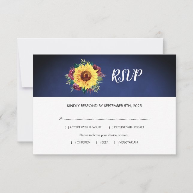 Sunflower Bugundy Rose Navy Blue Meals Wedding RSVP Card (Front)