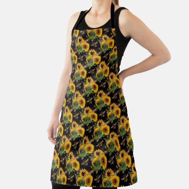 Sunflower Bumble Bee Black Background  Apron (Insitu)