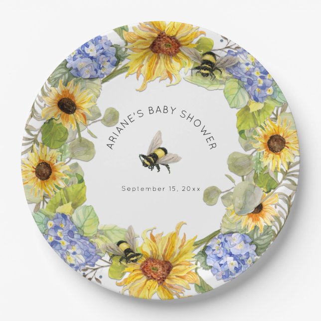 Sunflower Bumble Bee Blue Hydrangea Baby Shower Paper Plates (Front)