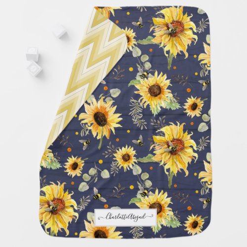 Sunflower Bumble Bee Navy Yellow Script Name Ba Baby Blanket