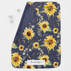 Sunflower Bumble Bee Navy Yellow Script Name Baby Blanket
