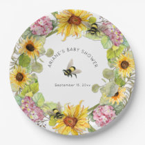 Sunflower Bumble Bee Pink Hydrangea Baby Shower Paper Plates