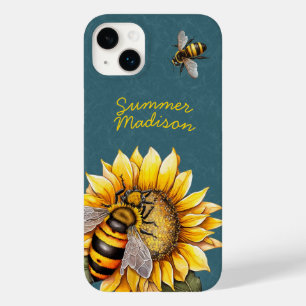 Sunflower Bumble Bees Floral Green Script Name Case-Mate iPhone 14 Plus Case