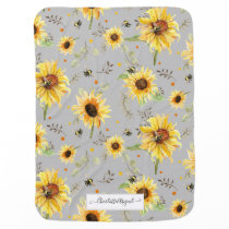 Sunflower Bumblebee Bee Gray Yellow Script Name Baby Blanket