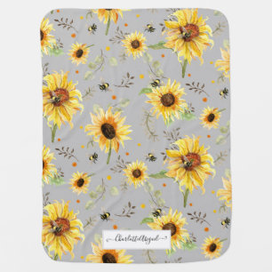 Sunflower Bumblebee Bee Gray Yellow Script Name Baby Blanket