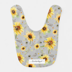 Sunflower Bumblebee Bee Yellow Gray Script Name Baby Bib