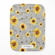 Sunflower Bumblebee Bee Yellow Gray Script Name Baby Burp Cloth