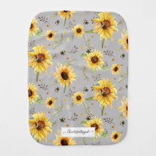 Sunflower Bumblebee Bee Yellow Gray Script Name Baby Burp Cloth