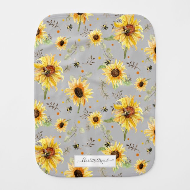 Sunflower Bumblebee Bee Yellow Gray Script Name Baby Burp Cloth (Front)