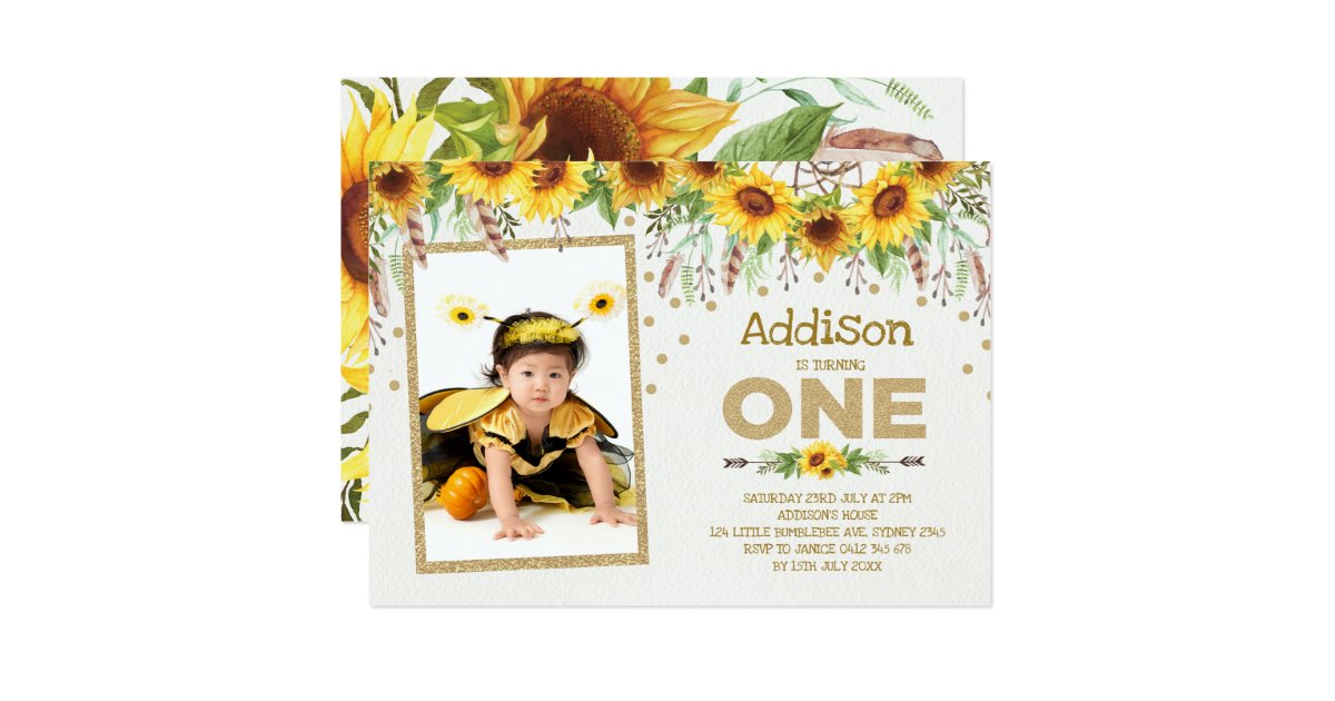 Sunflower Bumblebee First 1st Birthday Invitation Zazzle Com