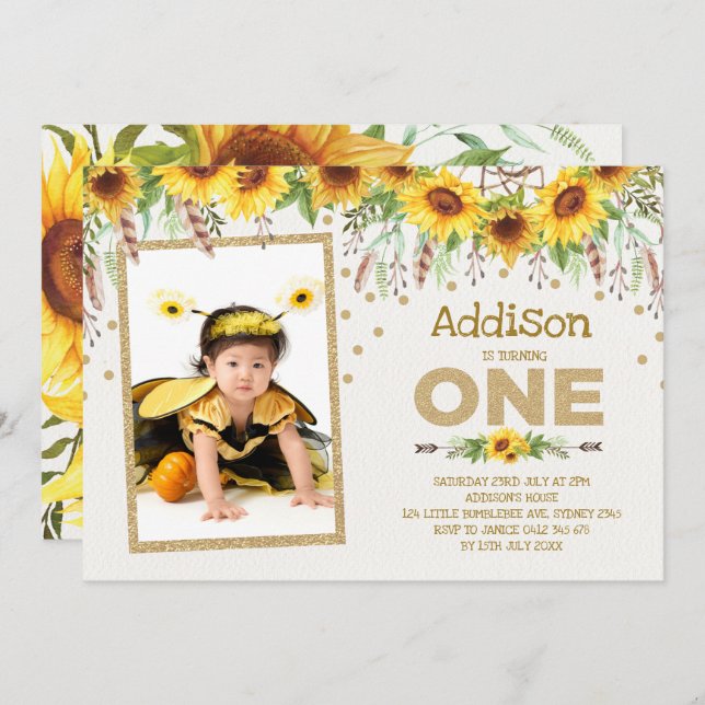 Sunflower Bumblebee First 1st Birthday Invitation (Front/Back)