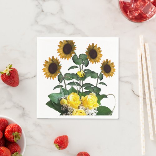 Sunflower Bumblebee Yellow Roses Paper Napkins