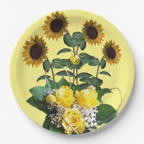Sunflower Bumblebee Yellow Roses Paper Plates