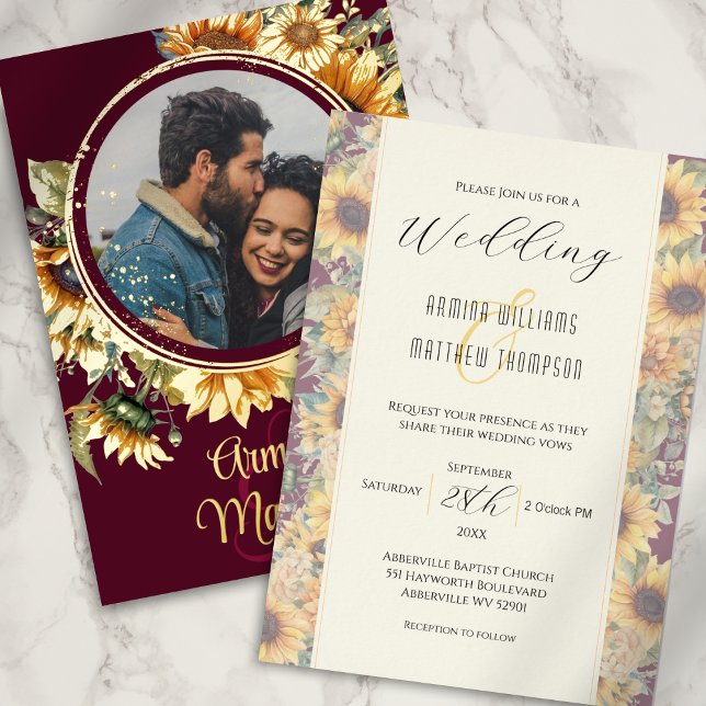 Sunflower Burgundy and Gold Custom Photo Wedding Foil Invitation (Creator Uploaded)