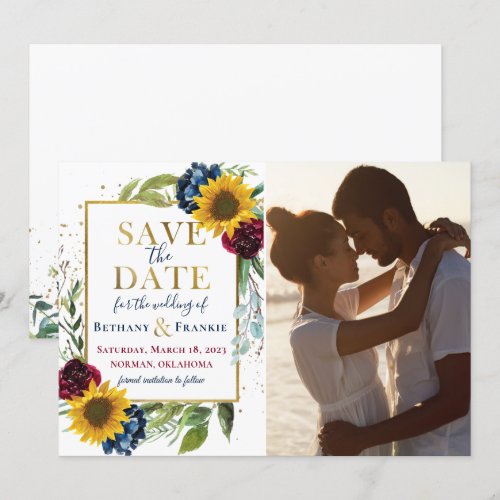 Sunflower Burgundy Blue Floral Photo Save The Date