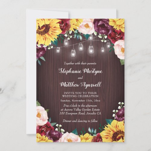 Sunflower Burgundy Blush  Jars Lights Wood Wedding Invitation