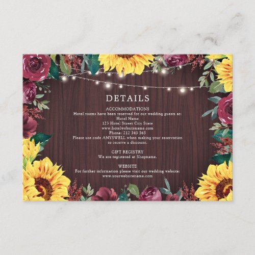 Sunflower Burgundy Border Lights Wedding Details Enclosure Card
