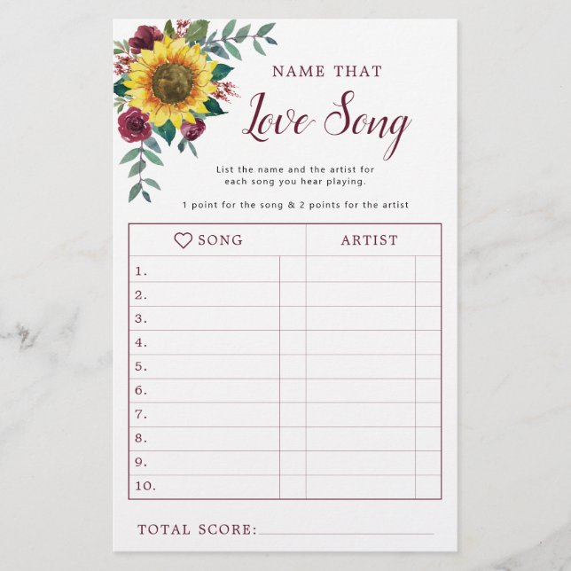 Sunflower Burgundy Bridal Shower Love Song Game (Front)