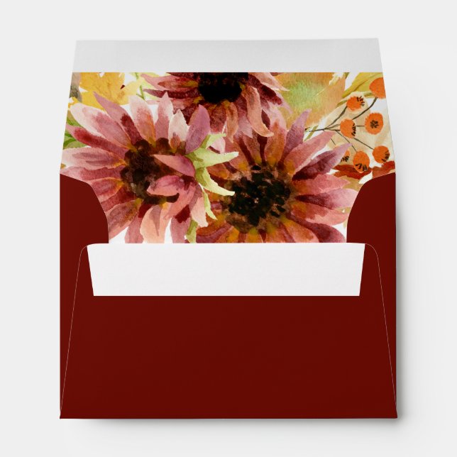 Sunflower Burgundy Country Watercolor Wedding Envelope (Back (Bottom))