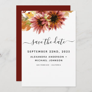 Sunflower Burgundy Country Watercolor Wedding Save The Date