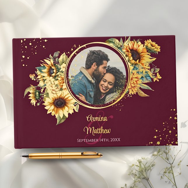 Sunflower Burgundy Elegant Photo Wedding Gold Foil Guest Book (Creator Uploaded)
