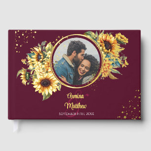 Sunflower Burgundy Elegant Photo Wedding Gold Foil Guest Book
