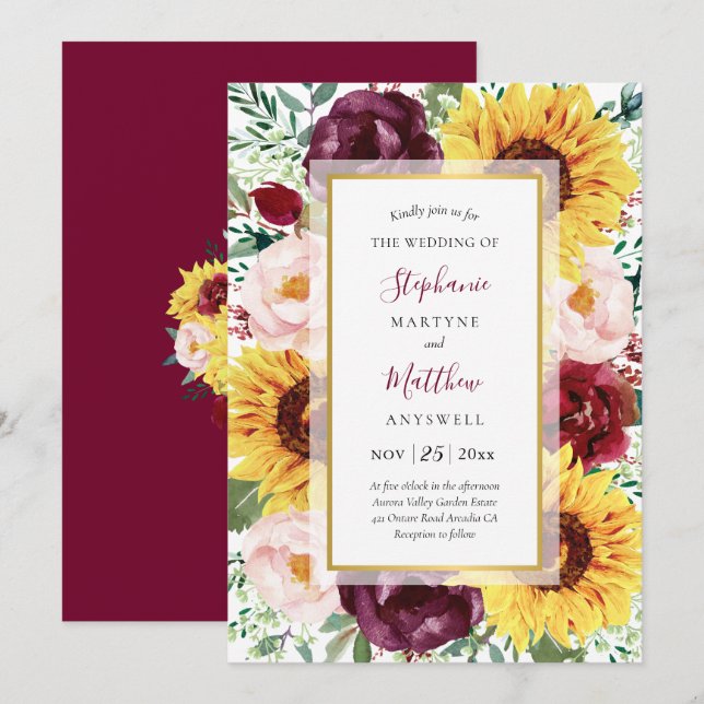 Sunflower Burgundy Fall Gold Floral Wedding Invitation (Front/Back)
