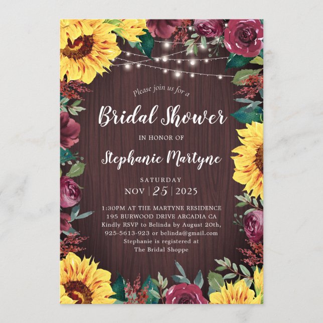 Sunflower Burgundy Floral Border Bridal Shower Invitation (Front)
