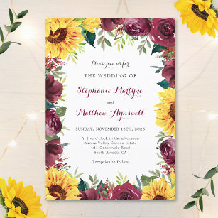Sunflower Burgundy Floral Border Fall Wedding Invitation