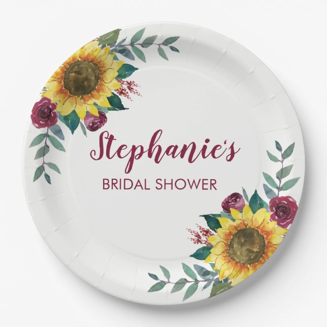 Sunflower Burgundy Floral Bridal Shower Paper Plates (Front)