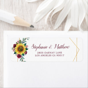 Sunflower Burgundy Floral Geometric Gold Address Label