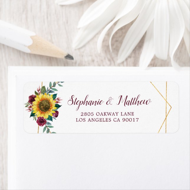 Sunflower Burgundy Floral Geometric Gold Address Label (Insitu)