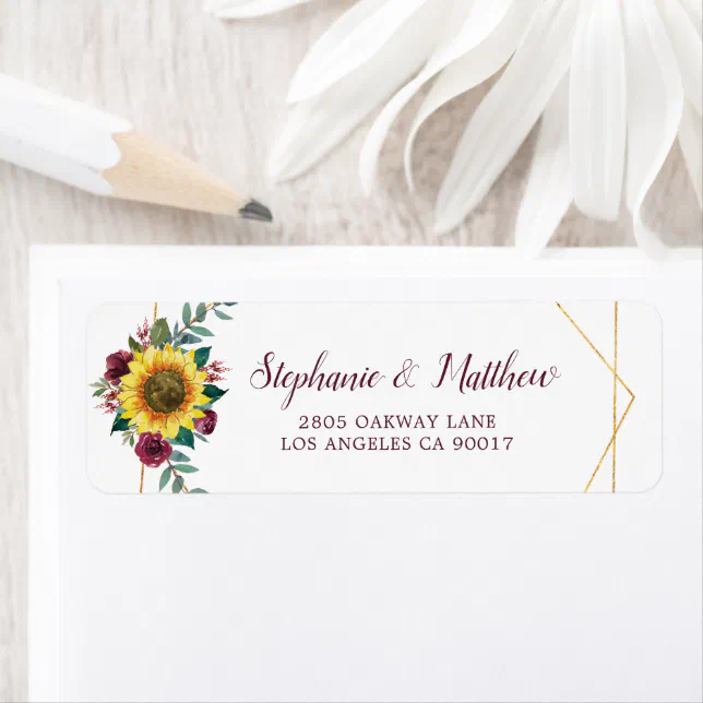 Sunflower Burgundy Floral Geometric Gold Address Label | Zazzle