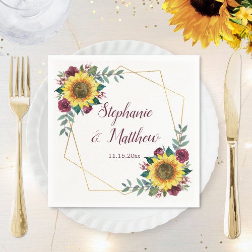 Sunflower Burgundy Floral Geometric Wedding Napkins