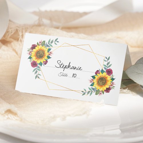 Sunflower Burgundy Floral Geometric Wedding Place Card