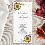 Sunflower Burgundy Floral Geometric Wedding Program<br><div class="desc">These wedding programs feature a modern watercolor floral design with sunflowers, burgundy roses and faux gold geometric border. The front of the card has the ceremony and the back of the card lists the bridal party. These wedding programs are part of a collection which includes a range of matching wedding...</div>