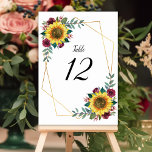 Sunflower Burgundy Floral Geometric Wedding Table Number<br><div class="desc">This wedding table numbers features a modern design with watercolor sunflowers, burgundy roses, foliage and a faux gold geometric frame. The front and back of the cards have the same design. To order, enter your table number and click "Add to Cart" for each table number. These wedding table number cards...</div>