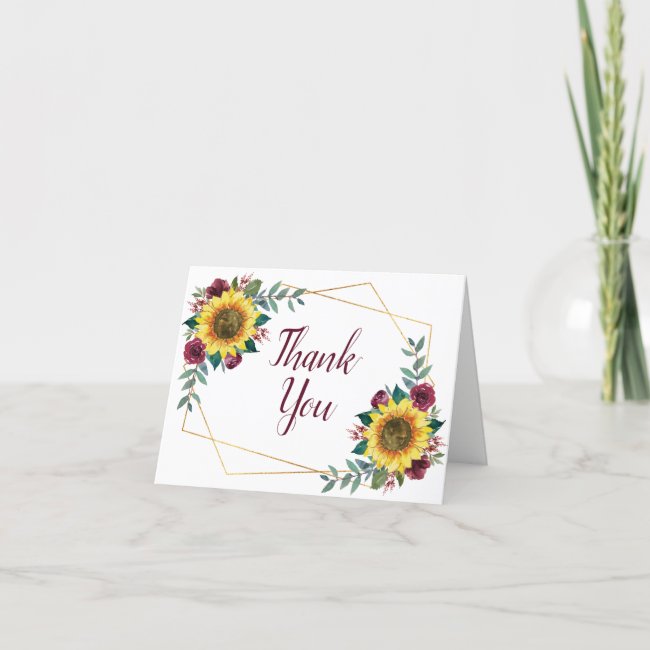 Sunflower Burgundy Floral Geometric Wedding Thank You Card