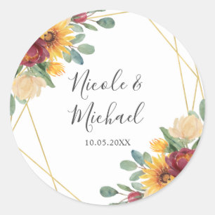 Sunflower Burgundy Floral Gold Geometric Wedding Classic Round Sticker