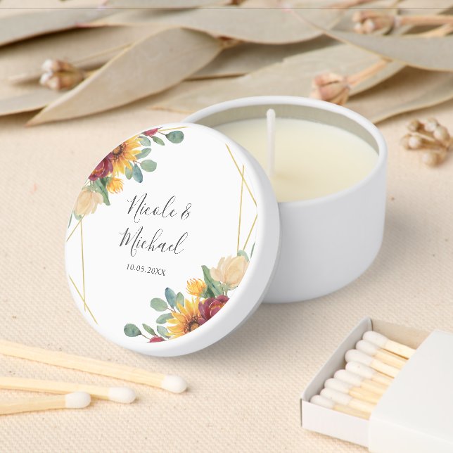 Sunflower Burgundy Floral Gold Geometric Wedding Mini Candle Favors (Insitu)