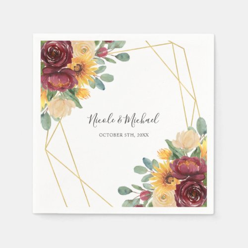 Sunflower Burgundy Floral Gold Geometric Wedding Napkins