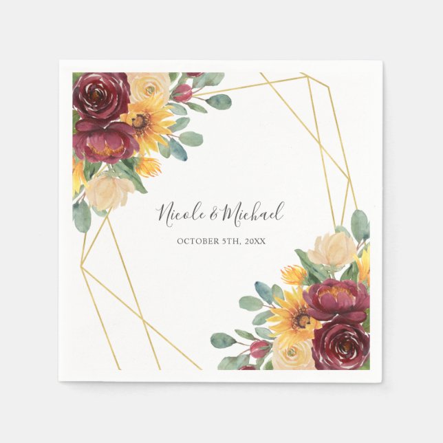 Sunflower Burgundy Floral Gold Geometric Wedding Napkins (Front)