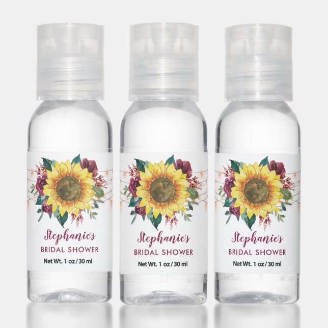 Sunflower Burgundy Floral Lights Bridal Shower Hand Sanitizer (Set)