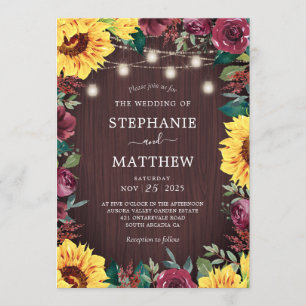 Sunflower Burgundy Floral Mason Jar Wedding Invitation