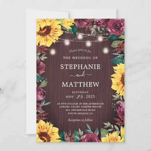 Sunflower Burgundy Floral Mason Jar Wedding Invitation