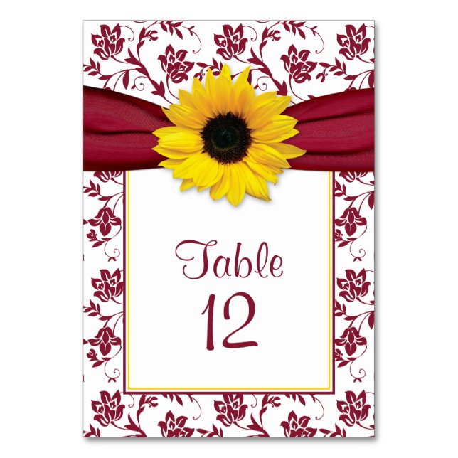 Sunflower Burgundy Floral Pattern Wedding Table Number (Front)