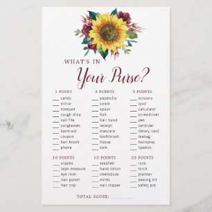 Sunflower Burgundy Floral Purse Bridal Shower Game