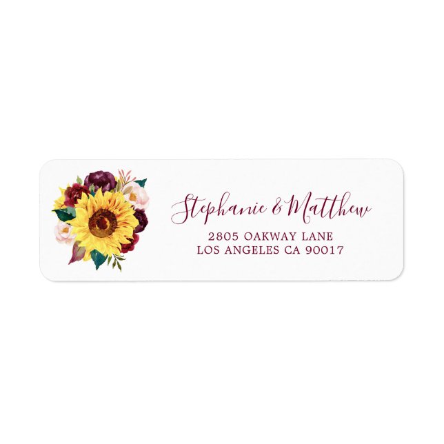 Sunflower Burgundy Floral Script Wedding Address Label (Front)